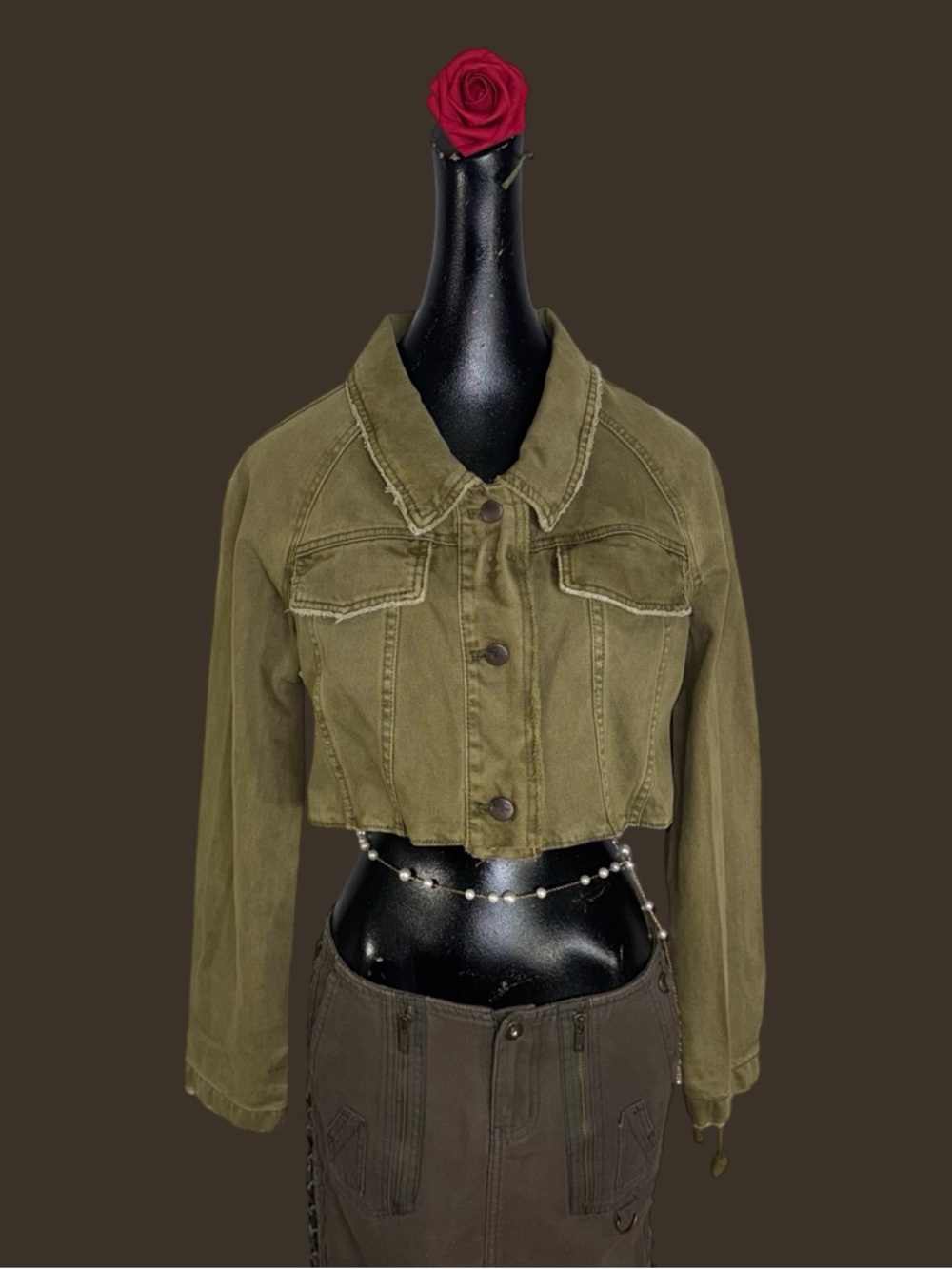 Reworked Free People cropped green denim jacket.